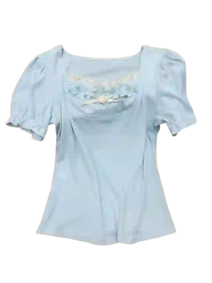 Elegant Floral Trim Square Neck Puff Sleeve Top