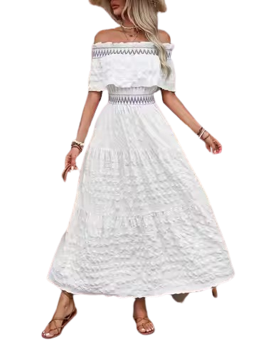 Boho Off-Shoulder Smocked Maxi Dress