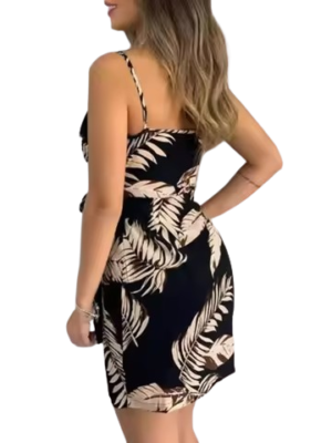 Tropical Leaf Print Spaghetti Strap Mini Dress