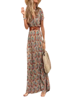 Boho Paisley Belted Maxi Dress