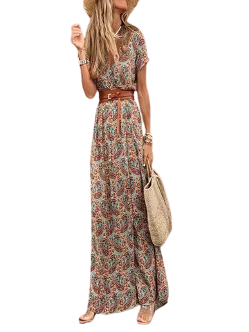 Boho Paisley Belted Maxi Dress