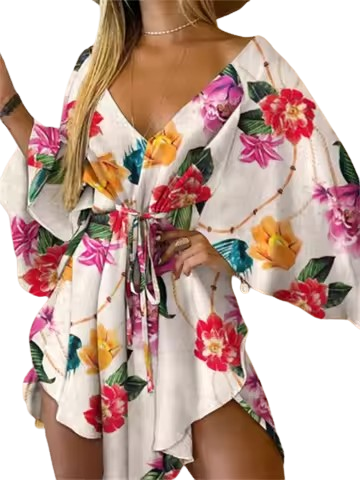 Boho Floral V-Neck Tie-Waist Mini Dress