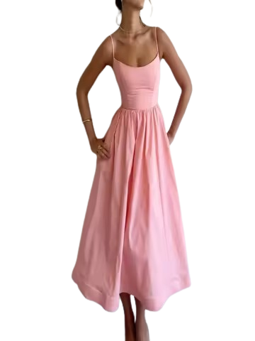 Elegant Pink Spaghetti Strap Midi Dress