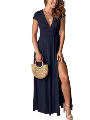 Elegant V-Neck Side Slit Maxi Dress