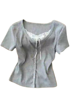 Soft Ribbed Lace Trim Button-Up Top