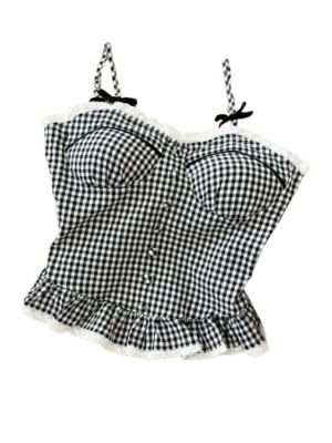 Vintage Gingham Lace Trim Corset Camisole Top