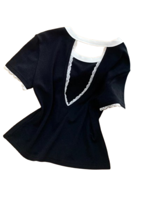 Elegant Lace Trim Cut-Out Short Sleeve Top