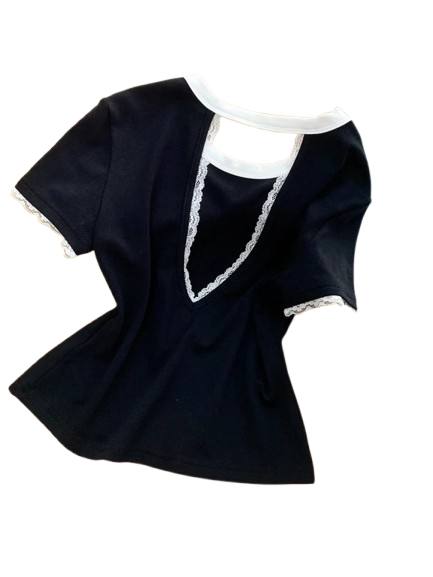 Elegant Lace Trim Cut-Out Short Sleeve Top