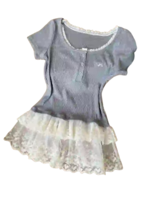 Ribbed Lace Hem Button Detail Mini Dress Top