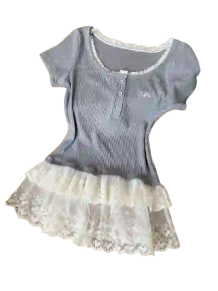 Ribbed Lace Hem Button Detail Mini Dress Top