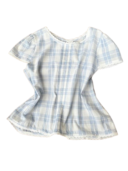 Soft Plaid Ruffle Trim Short Sleeve Blouse